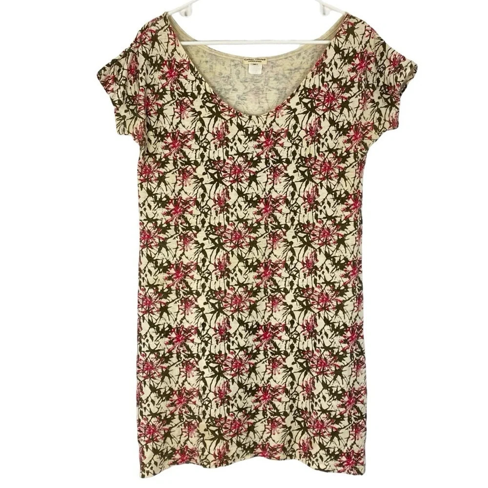 Carol Young Undesigned Floral Printed Linen Dress Womens Small Beige Pink SS